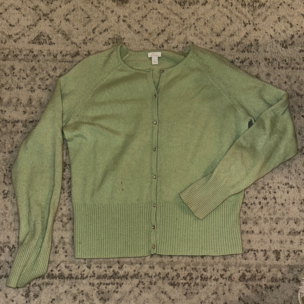 100% Cashmere Mint Green Cardigan Sweater with Faux Diamond Buttons